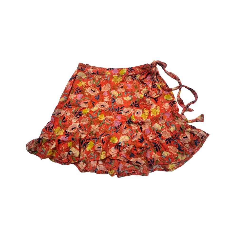 Rip Curl Womens XS Orange Floral Ruffle Wrap Mini Skirt Boho Beach Resortwear